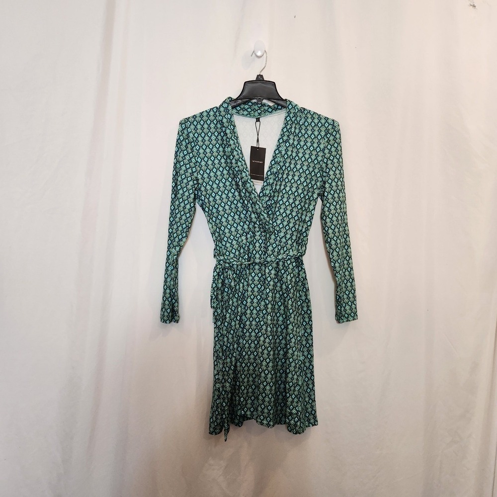 LE VONFORT Green Blue Geometric Surplice Knee Length Dress Womens Large L NEW